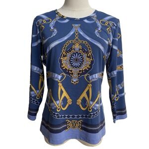 J McLaughlin Westminster Blouse Blue 3/4 Sleeve Equestrian Top Belting Print